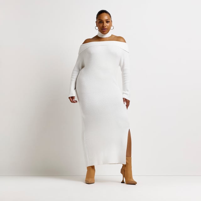 River Island Womens Bodycon Midi Dress Plus Cream Knit Bardot