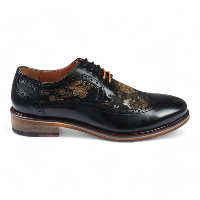 Justin Reess Heren Zwarte Leren Bloemenprint Brogue Dress Schoenen Ross