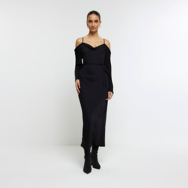 River Island Womens Slip Midi Dress Black Cold Shoulder