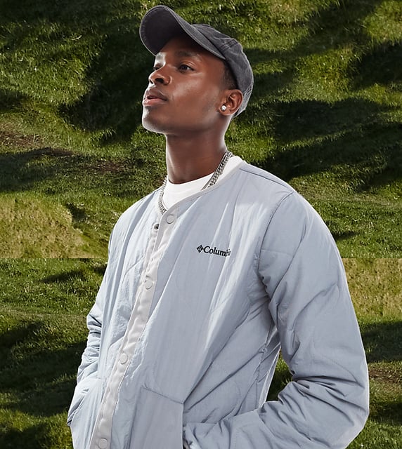 Columbia Doverwood crinkle fabric quilted liner jacket in grey Exclusive at ASOS