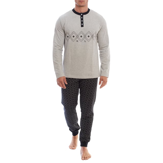 Irdcomps Pyjama heren lange pyjama katoen tweedelige nachtkleding set mannen winter ronde hals met borstzak, donkerblauw, M