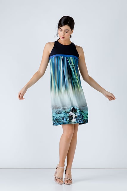 Marineblaues Print-Kleid in A-Linie