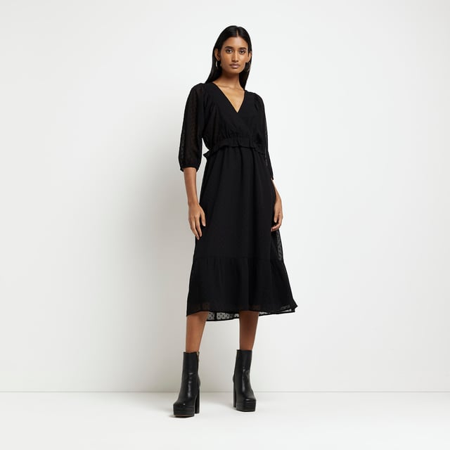 River Island Womens Wrap Midi Dress Black Spot Long Sleeve