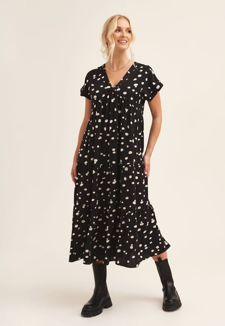 Gepunktetes Midikleid mit V-Ausschnitt