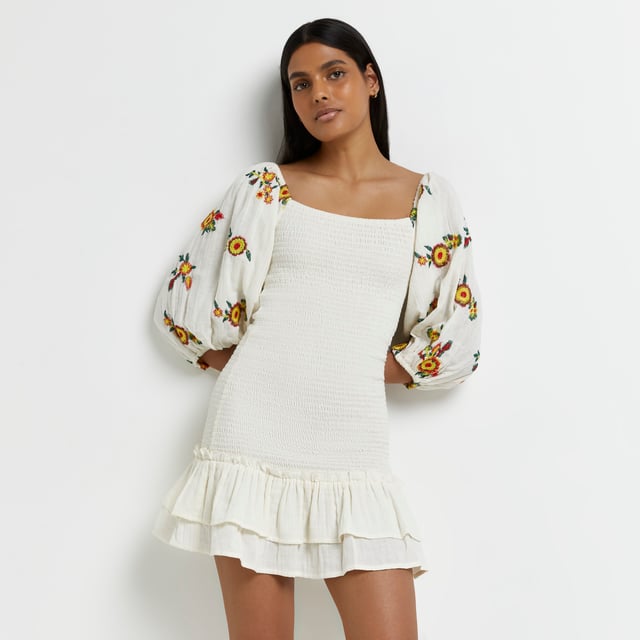 River Island Womens Bodycon Mini Dress Cream Shirred