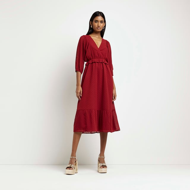 River Island Womens Wrap Midi Dress Red Frill