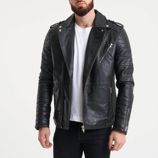 BARNEYS ORIGINALS Ribbed Sleeve Real Leather Jacket