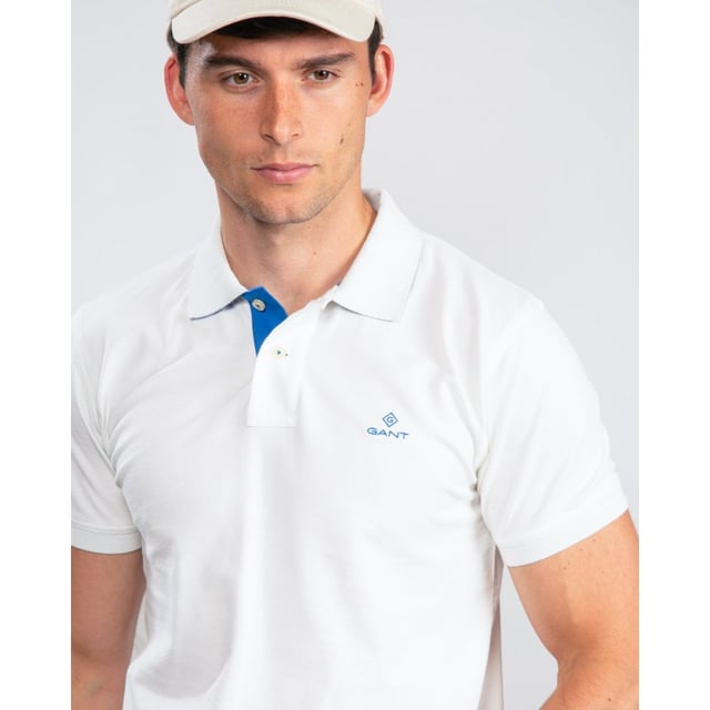 Men's Gant Contrast Collar Pique Polo Shirt in Off White