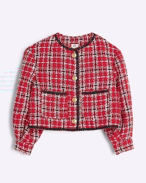 River Island Girls Jacket Girls Red Boucle Check - Main Image