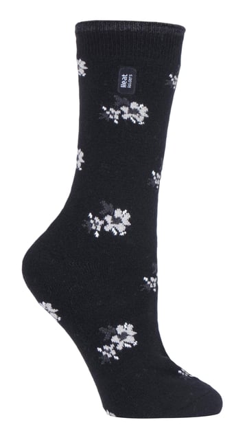 Heat Holders - Ladies Ultra Lite Thermal Brushed Inner Yarn Design Socken - Black Floral (Bellis)