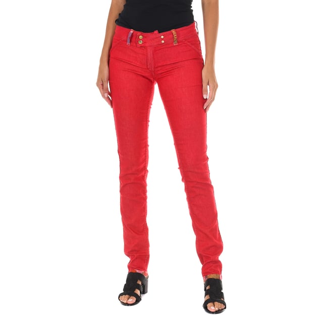 Long reversible trousers. 
 Red color 
 Waist with belt loops. 
 Button and zip closure on the front. 
 Two fake pockets on the front. 
 Pocket at the back. 
 Narrow cut hem. 
 Reversible. 
 Stretch fabric. 
 Matching seams. 

 Composition: 
 - 75% Cotton - 22% Polyester - 3% Elastane. 

 Washing instructions: 
 - Wash maximum at 40ºC. 
 - Iron at medium temperature. max. 110ºC. 
 - Lets you use a dryer. 
 - Do not use bleach. 
 - Does not support dry cleaning. 

 Composition: 75% Cotton, 22% Polyester, 3% Elastane
 Care:
- Wash maximum at 40ºC.
 - Iron at medium temperature. max. 110ºC.
 - Allows you to use a dryer.
 - Do not use bleach.
 - Does not support dry cleaning.