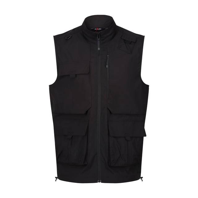 100% Polyester. Fabric: Stretch. Design: Plain. Fabric Technology: DWR Finish, Isoflex, Quick Dry. D-Ring, Packaway. Sleeve-Type: Sleeveless. Neckline: Standing Collar. Pockets: 2 Chest Pockets, Zip, 2 Lower Pockets, Patch, Touch Fastening. Fastening: Full Zip. Hem: Drawcord. Sustainability: Made from Recycled Materials. S: 38 in. M: 40 in. L: 42 in. XL: 44 in. XXL: 48 in. 3XL: 51 in.