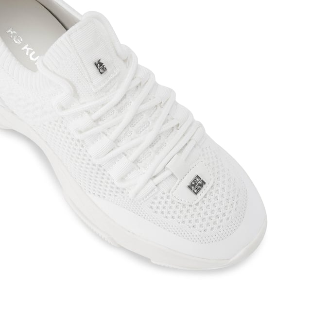 This KG Kurt Geiger Lively sneaker features a white knitted upper with lace up front. There is silver branding across the upper and the sole is extra chunky.