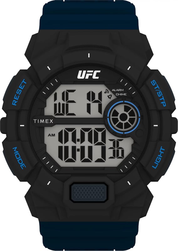Dit Timex Ufc Striker Digitaal Horloge voor Heren is het perfecte tijdpiece om te dragen of cadeau te geven. De zwarte ronde kast van 49 mm in combinatie met de comfortabele blauwe kunststof horlogeband zorgt ervoor dat je van dit verbluffende horloge kunt genieten zonder compromissen. Aangedreven door een hoogwaardige quartzbeweging en waterbestendig tot 5 bar, blijft je horloge tikken. Dit digitale horloge is ideaal voor elke gelegenheid. Of het nu bij officiële evenementen is, op de tennisbaan of in de country club - met dit horloge maak je overal een goede indruk. Dit horloge heeft een stopwatch, dual time, alarm en een lichtfunctie. Hoogwaardige blauwe kunststof band van 21 cm lang en 26 mm breed met een gesp. Kastdiameter: 49 mm, kastdikte: 15 mm, kastkleur: zwart en wijzerplaatkleur: zwart.