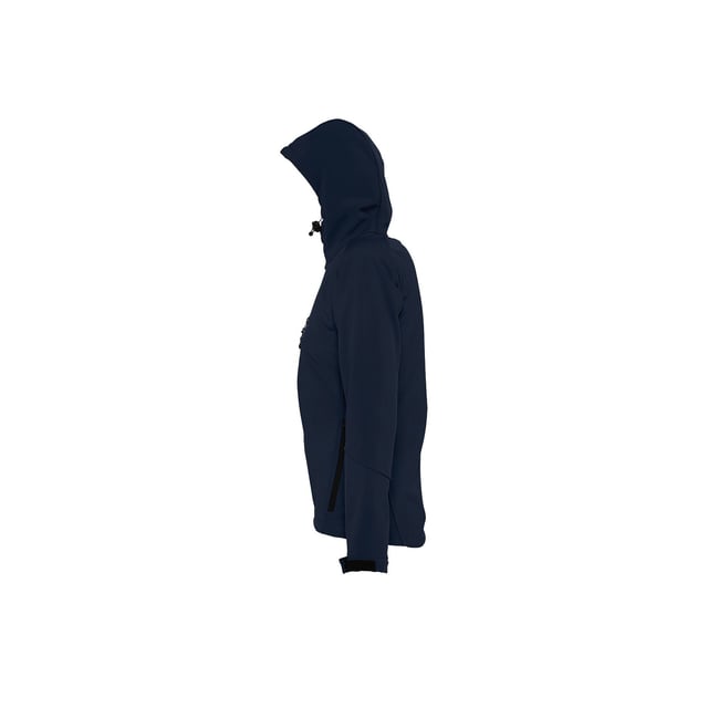 Breathable, windproof and water resistant. Shaped fit. Taped neckline. Hood with adjustable drawcord. Collar high full zip with inner storm flap and chin guard. Two front zip pockets and one right chest zip pocket. Tear release adjustable cuffs. Adjustable drawcord at hem. Drop tail. Access for decoration. Material: Stretch soft shell fabric has a 94% polyester/6% elastane outer, membrane and polyester fleece backing. Ladies size: S(8/10), M(12), L(14), XL(16), XXL(18).
