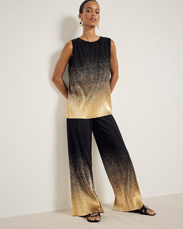 Plisse fabric, Ombre print, Foil embellishment, Wide leg, Elasticated waist