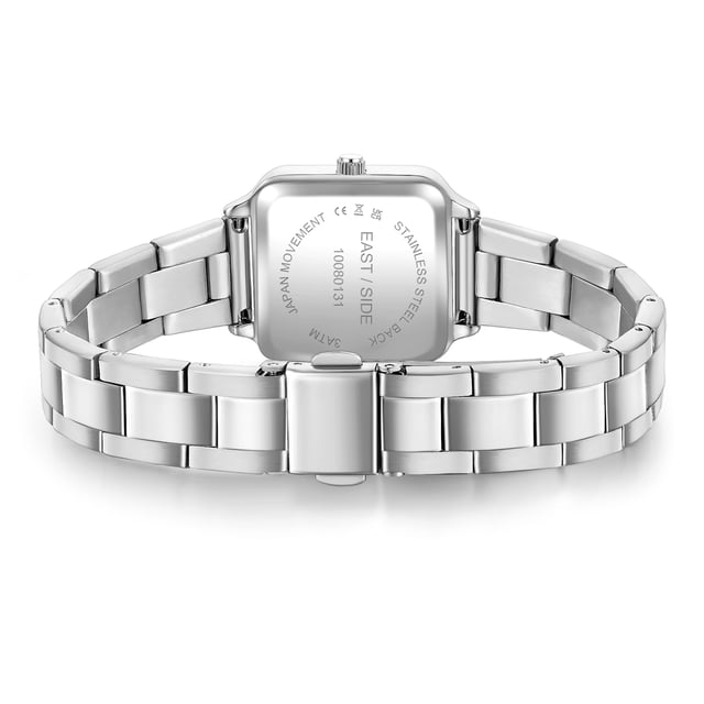 GENERAL INFORMATION:  • Targetgroup: Female  • Wristwatch: No Special Functions  • Display: analogue  • Weight of watch w/o box (gr.) - approx.: 59,0  MOVEMENT:  • Movement: Quartz  • Term of Movement: 2025  • Origin of movement: Japan  BRACELET:  • Material of bracelet/strap: Stainless steel  • Plating of bracelet/strap: None  • Finishing of bracelet/strap: Smooth  • Finishing/Decoration of bracelet/strap: None  • Clasp/Closure/Buckle: Security-folding clasp  • Color of bracelet/strap: Silver  • Length of bracelet/strap (mm) approx.: 210,0  • Width of bracelet/strap (mm) approx.: 13,8  • Style/Design of bracelet/strap: Link bracelet  • Bracelet/strap adjustable?: Yes  CASE:  • Shape of case: Square  • Size/Diameter of case in mm . approx.: 25,0 x 32,0  • Height of case in mm: 8,1  • Case material: Metal (Alloy)  • Surface of case: Polished  • Bezel/Topring: Fixed  • Finishing/Decoration of case: None  • Material of case back: Stainless steel  • Lock of case back: No screwed-in crown  • Color of case: Silver  • Coating/Plating (Case): None  • Type/Form of crystal: Flat  • Material of crystal: Mineral crystal  DIAL:  • Size jewelry care cloth: Hour, Minute  • Indices: Line indices  • Material of dial: Mother of Pearl (MOP)  • Structure/pattern of dial: Flat  • Color of dial: Blue  PUSHER, CROWN, HAND:  • Pusher: None  • Corrector: No  • Crown: No screwed-in crown  • Type of hands: Pole hand  • Luminescent (hands): No  PACKAGING & SCOPE OF DELIVERY:  • Box: Yes  • Service booklet: Yes  • Manual: Yes