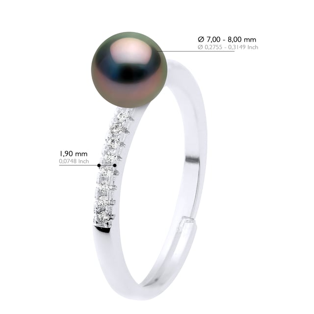 Ringsmycke - Äkta odlad TAHITI-pärla rund 7-8 mm - Smycke Paving Cubic Zirconia Silver 925 Rhodiumpläterad - Storlek justerbar från storlek 48 till storlek 62 - Levereras i låda och med sitt äkthetscertifikat och internationella garanti - MADE IN FRANCE