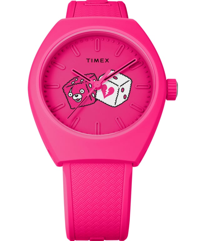 This Timex Urban Pop X Fortnite Analogue Watch for Men is the perfect timepiece to wear or to gift. It's Pink 40 mm Round case combined with the comfortable Pink Plastic watch band will ensure you enjoy this stunning timepiece without any compromise. Operated by a high quality Quartz movement and water resistant to 5 bars, your watch will keep ticking. The Timex x Fortnite collection brings the hype with this epic update to our planet-friendly Urban Pop. Gear up for gameplay with the infamous Cuddle Team Leader. High quality 21 cm length and 19 mm width a Pink Plastic strap with a Buckle Case diameter: 40 mm,case thickness: 10 mm, case colour: Pink and dial colour: Pink