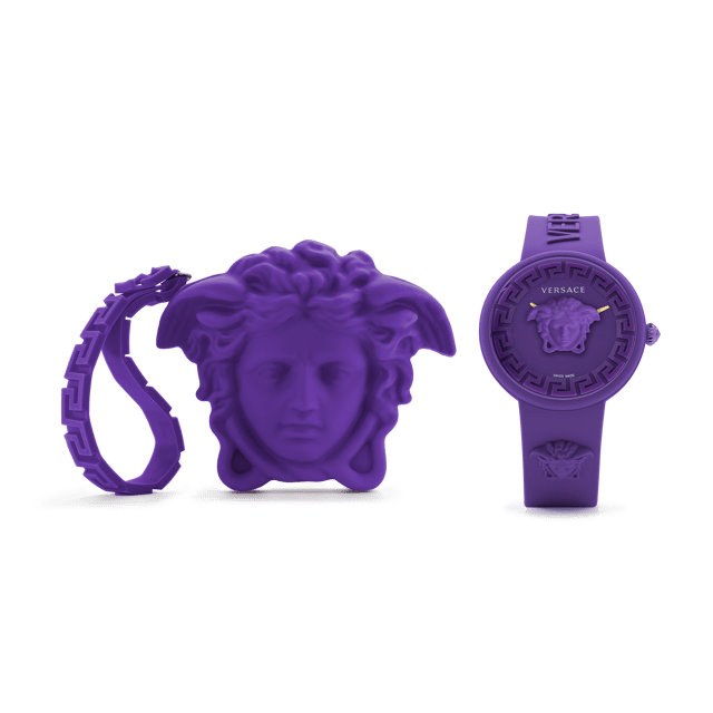 This Versace Medusa Pop Analogue Watch for Unisex is the perfect timepiece to wear or to gift. It's Purple 39 mm Round case combined with the comfortable Purple Silicone watch band will ensure you enjoy this stunning timepiece without any compromise. Operated by a high quality Quartz movement and water resistant to 3 bars, your watch will keep ticking. This high quality watch is an incredible eye-catching Unisex watch. This Analogue watch has a has a Swiss Made Movement High quality 20 cm length and 18 mm width Purple Silicone strap with a Buckle Case diameter: 39 mm,case thickness: 12 mm, case colour: Purple and dial colour: Purple