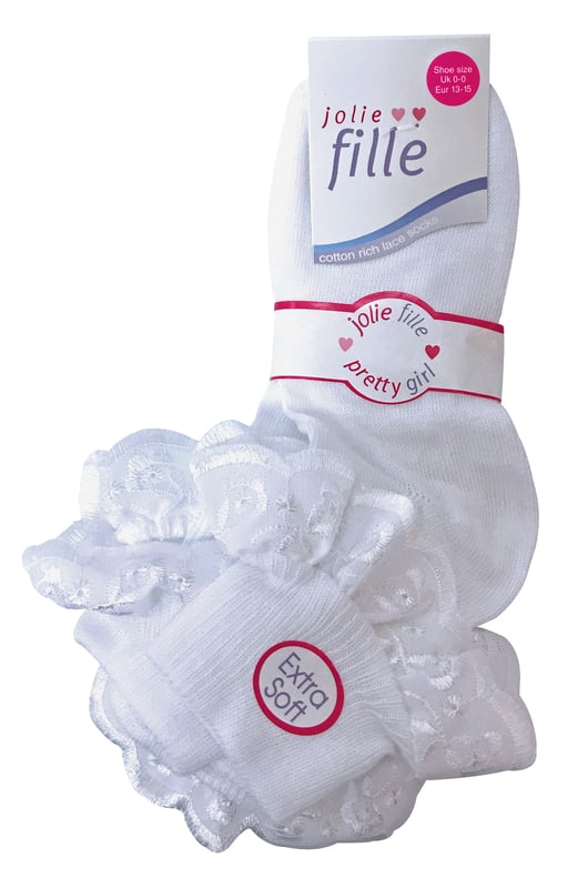 Every baby girl needs a pair of adorable frilly lace socks in their sock drawer so why not stock up with these great 6 pairs of Girls Organza Lace Socks that are available in 2 classic colours. These baby girl socks are Cotton Rich which will make sure that their feet remain super soft and comfortable throughout the day. There’s 2 classic colours to choose from They are: Pink and White. They have a short calf design with a cute frilly turnover lace lining on the top of the sock, The traditional sock design for a new baby girl. The 78% cotton rich content also means they are not only soft and cosy but perfect for all year round wear, keeping their feet warm in the winter and cool in the summer. These socks come in 6 pairs, 2 colours and are available in 3 sizes: 0-6 Months, 6-12 Months & 12-24 Months. They are made from 78% Cotton; 20% Polyester; 2% Elastane and are Machine Washable.