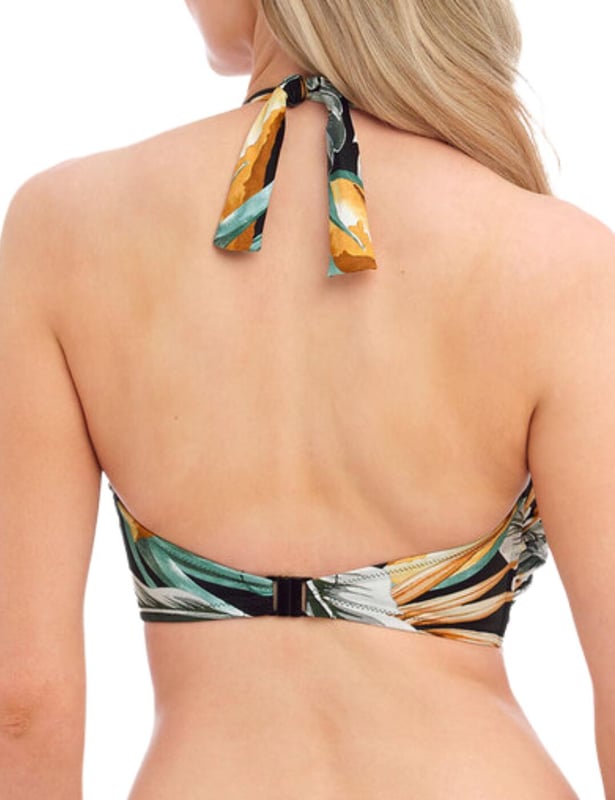 Add a splash of style to your summer poolside looks with the Fantasie Bamboo Grove bandeau bikini top. Boasting an eye-catching botanical print and a sweetheart neckline, this on-trend look will help you feel confident and stylish all season long. The concealed underwiring, lightly padded foam cups, and Powernet lining provide that extra support needed while its detachable scarf tie strap provides extra security while adding something special to your swimwear collection. The clip fastening ensures the utmost reliable fit. With many items available for a matching set for an enviable head-to-toe look, the Bamboo Grove bandeau bikini top is sure to turn heads this season!  Bandeau bikini top, Botanical print Twist front, Sweetheart neckline, Concealed underwiring, Lightly padded foam cups, Powernet lined for extra support, Detachable scarf tie strap, Clip fastening for a secure fit, Matching swimwear available, Country of origin: Tunisia, Composition: 83% Polyamide | 17% Elastane, Listed in UK sizes.   Bandeau Bikini Top