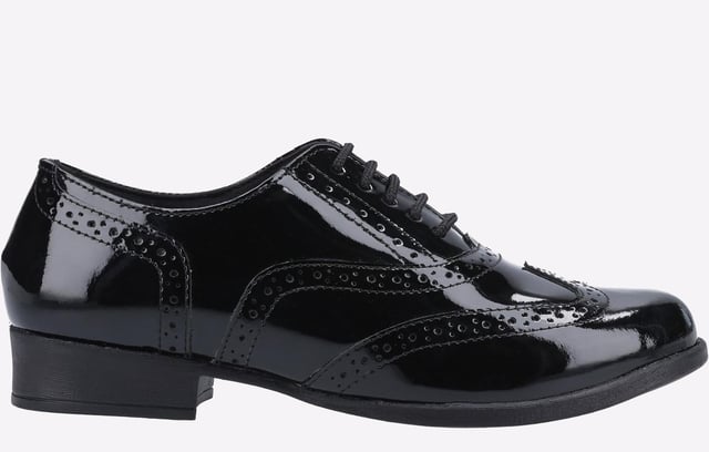 Hush Puppies School Shoe Girls Kada is a smart, classic leather brogue style shoe for that ultimate on trend look. Accompanied with fine brogue detailing and lace up finish, this shoe is sure to last all day wear. Finished off with a glossy patent finish for added style
-Patent leather uppers
-Brogue detailing
-Toe and heel reinforcements
-Low block heel
-Lightweight sole unit
-Approx 27mm Heel Height