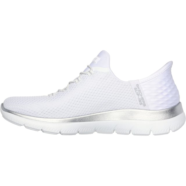 Pick up the pace with increased ease-of-wear and platinum comfort wearing Skechers Hands Free Slip-ins: Summits - Diamond Dream. Designed with our exclusive Heel Pillow, a metallic midsole trim and a cushioned Memory Foam comfort insole.
