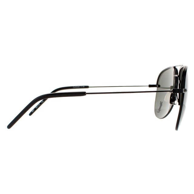 Saint Laurent Aviator Unisex Black Grey Sunglasses SL CLASSIC 11 M are a classic rimless aviator design with super slim metal temples, adjustable nose pads and plastic temple tips for a comfortable finish. One lens is embellished with the YSL logo for authenticity.