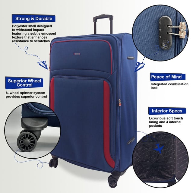 Embark on a Adventure with Our Exquisite 8-Wheel Luggage Set
AMAZING AIRLINE COMPATIBILITY: We understand that travellers may fly with many different airlines throughout their lifetime. That�s why we designed this cabin case so it is accepted on the vast majority of airlines throughout the UK, Europe & North America. Including easyJet, British Airways, Delta, Flybe, Lufthansa, Ryanair (Priority Boarding), Norwegian, Jet2, KLM, Virgin Atlantic and many more. (Please check with your airline before purchasing).

Key Features:

Eye-Catching Colours: Immerse yourself in the allure of paradise with a vibrant colour
Compact Cabin Size: Meets airline requirements for hassle-free boarding, featuring a roomy interior and maneuverable with a sturdy handle and 360-degree wheels.
Smooth 360 dual 8-wheel spinners for effortless mobility
Secure integrated 3-digit lock for enhanced security.
Constructed from ultra-strong Jacquard nylon 600D material for durability.
Self-locking telescopic handle and zip-around closure for easy use.
Indulge in the perfect blend of practicality and aesthetics with our Travel Collection - your passport to a seamless and stylish journey.
20 Inch Cabin Case - Size 55 x 40 x 20 cm Weight : 2.5Kg Capacity : 38 Litre
26 Inch Medium Case - Size 73 x 44 x 29 cm Weight : 3.3Kg Capacity : 95 Litre
29 Inch Large Case - Size 84 x 47 x 32 cm Weight : 4Kg Capacity : 127 Litre

Note: Please select preferred size. Sizes sold individually, not in sets.