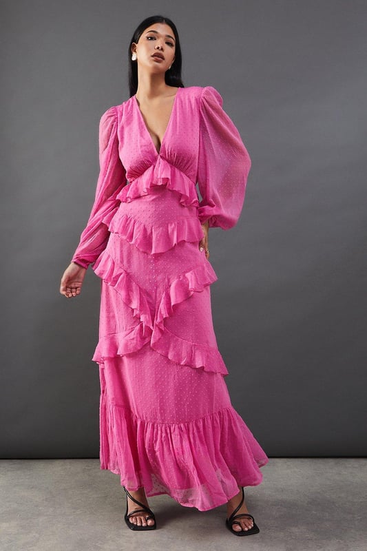 Chiffon Plunge Neck Ruffle Detail Volume Sleeve Maxi Dress