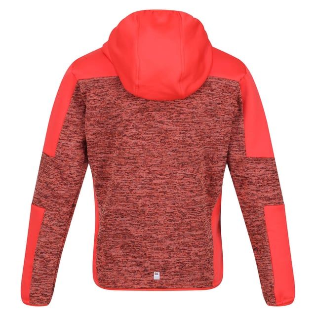 Regatta Juniors Dissolver V Full-Zip Fleece in Red The Dissolver V kids' fleece from Regatta is just the thing for kids on the go. The kids' fleece jacket is crafted with polyester and elastane for long-lasting stretch comfort. There are stretch panel inserts to keep little ones moving with ease. They can pull up the hood when it gets windy. The kids' fleece top is ideal for running, hiking and woodland adventures. The marl knit effect adds a stylish touch. With reflective trim and stretch binding. Material: 85% Polyester, 13% Viscose, 2% Elastane. Ref: RKA362FBN.