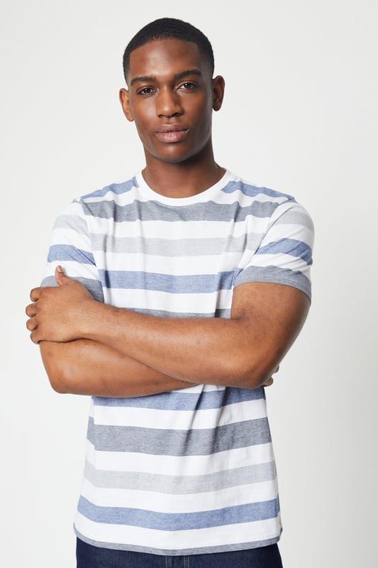 Striped crew neck t-shirt with short sleeves
Relaxed, straight fit for casual everyday wear
Crafted from a soft, lightweight jersey fabric
Horizontal stripes in contrasting shades
Ribbed collar and cuffs for a neat finish

Effortlessly stylish, this striped tee from Maine is a versatile wardrobe essential. Pair it with chinos or jeans for a laidback weekend look, or layer under an overshirt for a smart-casual ensemble. The bold stripes make a statement, while the relaxed fit ensures all-day comfort. Suitable for casual outings, family gatherings, or simply lounging at home.