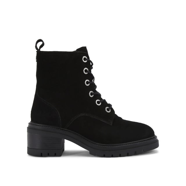This KG Kurt Geiger Crystal Lace Up Boot features a black suede upper with crystal eyelets at the front. There is a small gunmetal KGL stud at the back of the ankle.
