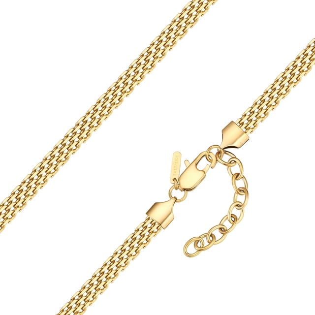 A must-have for every jewelry box are accessories in striking designs that have what it takes to be an eye-catcher even without any glitter. This extravagant link chain from the young label EASTSIDE in the style of a massive, wide necklace is made of stainless steel and plated with warm, shimmering yellow gold. The high level of robustness and ease of care make jewelry made of stainless steel an uncomplicated everyday companion for modern women - whether in the office, playing sports, at a party or on vacation. The extension piece with lobster clasp guarantees a perfect fit in the décolleté and rounds off the wearing comfort.