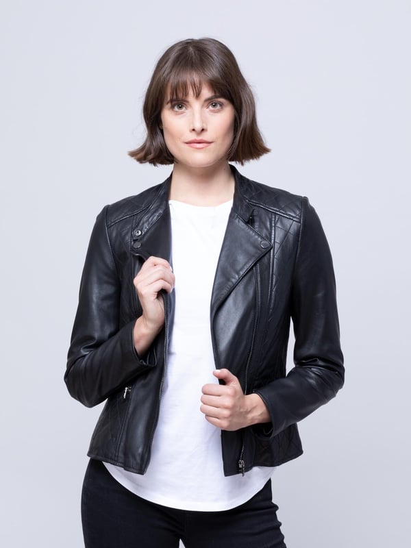 We take a traditional black leather biker jacket and add a quilted twist. The Penny quilted biker jacket offers a whole new dimension to the world of biker-style jackets. Expect classic styling features, including the asymmetric zip and tab collar fastening, but the monotone hardware and luxuriously soft leather take the Penny to another level. Whatever style you want to carry, the Penny will work with you. From t-shirt and jeans to an evening dress, all perfectly complemented by the long tapered panels providing a flattering fit.