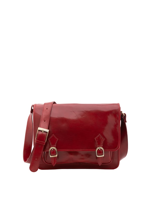 Bolso bandolera para mujer. El cierre es con imán. Los bolsillos internos son uno con cremallera y otro abierto. Los bolsillos externos son uno frontal con cremallera y otro trasero con cremallera. La bandolera es ajustable en piel. Falta el mango. Hay dos compartimentos internos. El material exterior es auténtica piel de vacuno. Internamente está forrado en algodón. Medidas: 35x27x14 cm. Hecho en Italia