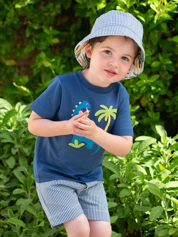 100% organic cotton | Proud to be certified to the Global Organic Textile Standard (GOTS) | Dinosaur appliqué design | OEKO-TEX Standard 100 (Product class I) appliqué backing | Navy blue | Single jersey (180-190 gsm) | Popper shoulder opening | Short sleeved | Round neck | Made in Turkey | Machine washable at 40 degrees, or at 30 degrees to be kinder to the planet