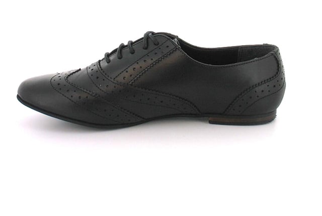 Ladies/Womens Black Leather Lace Up Shoe With Brogue Detail