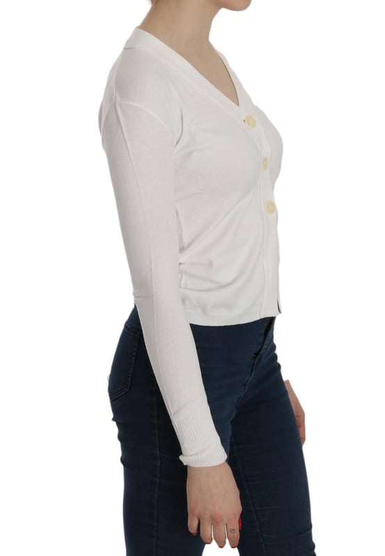 Brand: BYBLOS
  Color: White
  Model: V-neck Long Sleeve Cropped Cardigan Blouse
  Button closure
  Logo details
  Material: 53% Polyamide 47% Viscose
  Gender: Women