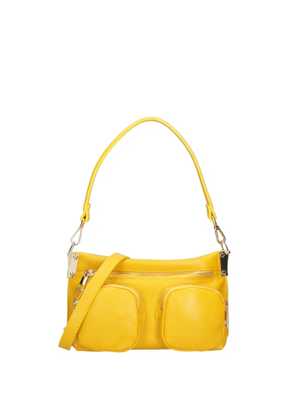 Bolso de hombro para mujeres. El cierre es con zip. Los bolsillos internos son una cremallera. Los bolsillos externos son dos delanteros con cremallera y una trasera con cremallera. La correa del hombro es ajustable y extraíble en cuero. El mango está en cuero. Los compartimentos internos son uno. El material externo es una verdadera piel en dólares. Está alineado internamente en 70% de tela de algodón - 30% de seda. Medidas: 27x14x8 cm. Hecho en Italia