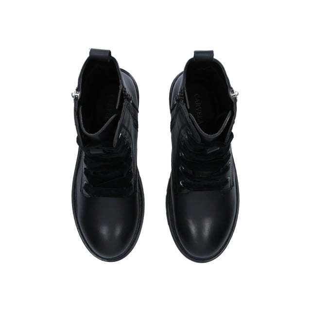 Make light work of autumnal dressing with the new Strategy 2 boot. This combat inspired ankle boot is crafted in black leather for enduring style and is accompanied by a cleated outsole, heavy duty silver zip fastening, and secure lacing system.  The wide, velvet touch laces add feminine appeal to the edgy biker styling.