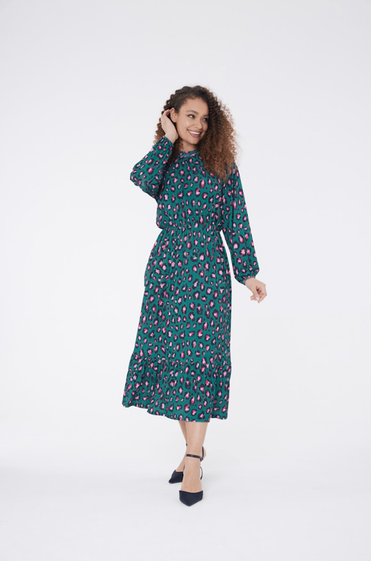 Luipaard maxi jurk met hoge hals Groen - Main Image