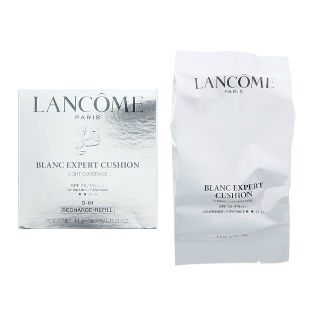 Lancome Blanc Expert Cushion Light Coverage SPF36 Refill O-01 Foundation is a luxurious and innovative cushion foundation designed to provide a natural, radiant complexion with a lightweight, breathable finish. This high-quality formula is expertly crafted to enhance your skin's natural beauty while providing sun protection. This cushion foundation offers a light, buildable coverage that evens out your skin tone, giving a natural and luminous finish. It's perfect for achieving a fresh, dewy look with a touch of radiance. Formulated with SPF 36, it offers substantial protection against harmful UV rays, helping to shield your skin from sun damage and premature aging caused by sun exposure. The cushion compact design provides a convenient and mess-free application. Enriched with moisturising ingredients, this foundation hydrates and comforts your skin, preventing dryness and ensuring a comfortable wear throughout the day. The refillable compact design is eco-friendly and allows you to easily replace the foundation when needed, reducing waste and making it a sustainable choice. The Blanc Expert Cushion Foundation imparts a healthy, radiant glow to your complexion, enhancing your skin's luminosity and leaving it looking fresh and revitalised.