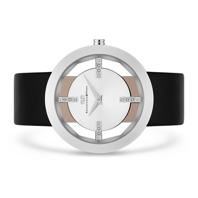 This extraordinary women's watch by Rhodenwald & Söhne is a tribute to the traditional skeleton watch, which is reinterpreted here: the faceted glass reveals a look at the wrist's wrist between the bezel and dial. Another sophisticated design element are the four distinctive line indices, decorated with crystals from Swarovski®, which also serve as a connection between the stainless steel bezel and the Sunray dial of the same color. The game with the light continues consistently on the lacquer -sealed leather bracelet. A stainless steel case and mineral glass make the watch a hard -wearing companion.