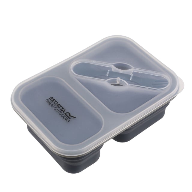 40% polypropylene & 60% silicone. Divided into 2 Compartments. Detachable lid. Clip-on one piece fork/spoon. Made from durable food-grade material. Folds for compact size.