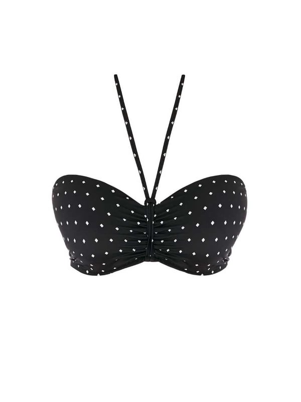 Freya Jewel Cove Underwired Bandeau Bikini Top. With lightly padded foam cups, halter neck ties and low gathered centre front. Product is made of 84% Nylon/Polyamide, 16% Elastane and is recommended hand-wash only.
