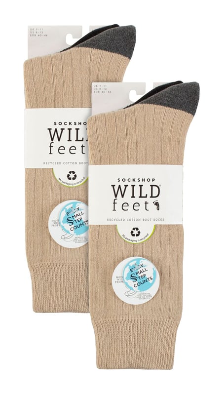 Step into a world of comfort and sustainability with these exceptional recycled cotton boot socks. Made with a focus on reducing environmental impact, these socks are a conscious choice for eco-conscious individuals. The cushioned design ensures comfort, making them perfect for all types of outdoor activities and everyday wear with boots. With 6 pairs of high-quality men's socks in each pack, you'll have the perfect companions for your adventures and daily routine. The ribbed knit legs offer a snug fit that ensures maximum comfort and prevents slipping. The terry loop pile lining adds an extra layer of warmth, making them perfect for the colder months. The fibre blend is principally cotton that has been derived from recycled sources, meaning that by wearing them, you’re stepping up with Wildfeet in helping reduce waste and encourage sustainability in production. Designed to withstand the demands of everyday wear, these socks feature reinforced soles, toes, and heels for enhanced durability and extended lifespan. You can trust these socks to last on all your outdoor adventures, providing reliable support and protection. Wild Feet is a range of socks featuring cool designs, bold colours and quirky catchphrases - from pugs and penguins, to lions and llamas! Choose from a range of styles for men and ladies, from dress to trainer socks. There are even some novelty styles available! These socks are available in 3 styles. They come in one size: Men’s 6-11 UK, are made from 45% Recycled Cotton, 41% Polyester, 11% Polypropylene, 2% Elastane, 1% Polyamide and are machine washable.