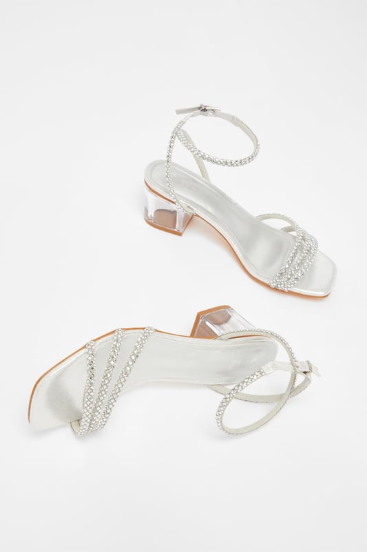 Silver Diamante Low Heeled Sandals - Diamante embellished - Low block heel - Open toe - Ankle strap - Heel height: 6cm/2.5 inches approx
