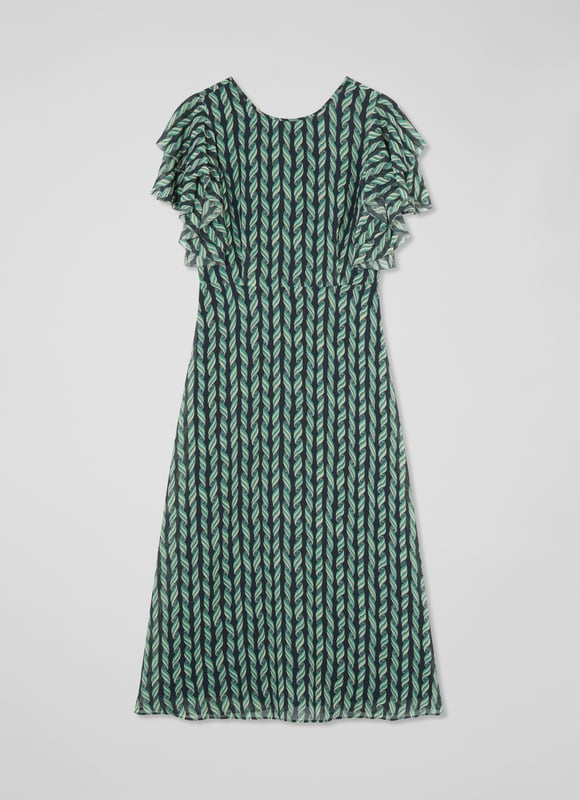 Embrace elegance with the Agnes ribbon print georgette frill dress. This beautifully crafted piece is adorned with picot edging, a convenient zip closure, a scoop neck, and full length sleeves. Perfect for evening occasions, complement it with heels and a clutch or ballet flats for a sophisticated, relaxed look.